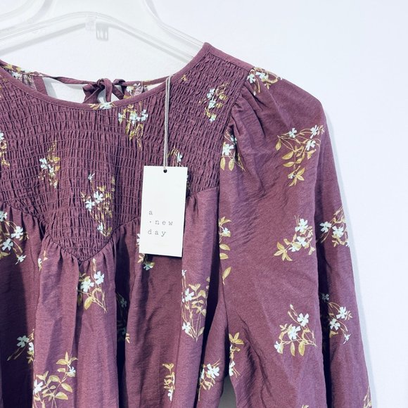 A New Day Women's Long Sleeve Tent Mini Dress Purple Floral Print Belted Small - Picture 2 of 13